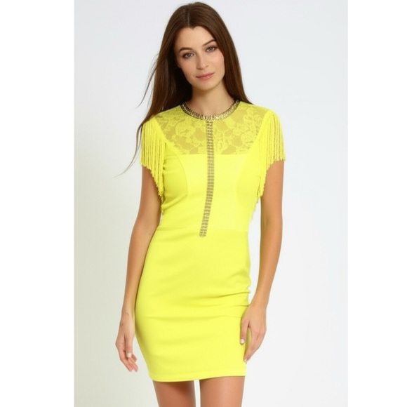 MARKED DOWN The Clothing Co Mini Cocktail Dress Glam Yellow Embellished Fringe - Picture 3 of 9